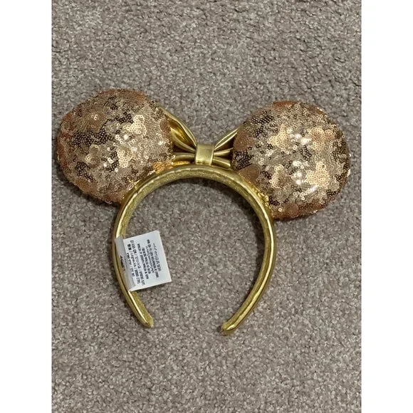 Disney Gold Sequin Minnie Mouse Ears Headband With Bow One Size - Picture 4 of 6